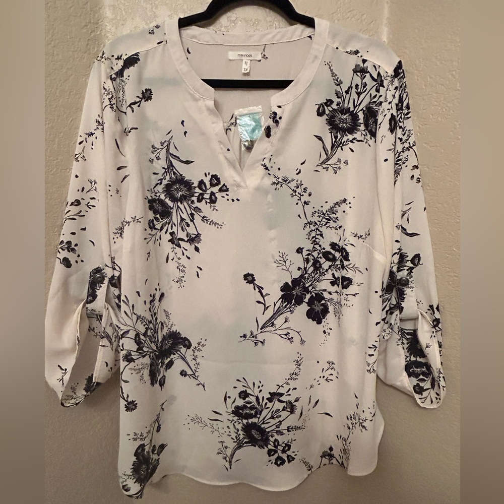 Maurices NWT Sheer White Blouse with Black Floral Print, Size 1X